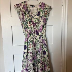 Floral V-Neck Maxi Dress in Cream with Purple & Green Floral Print